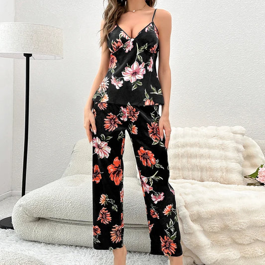Floral Print Silk Pajama Set Long Pants